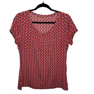 WORTHINGTON / red black geometric printed short sleeve stretch knit blouse / L